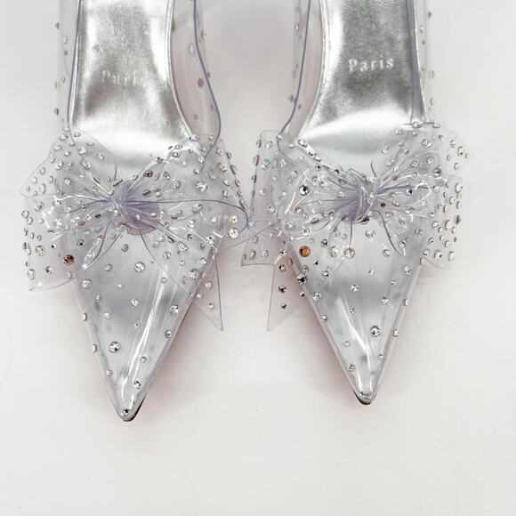 Christian Louboutin Jelly Strass 80 Silver Crystal Bow PVC Pointed Toe Pumps 37 - Picture 6 of 10